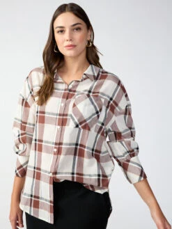 Dropped Shoulder Tunic Top Caramel Cafe Plaid -Clothing Store CB2141AJ8 CARP 001754