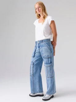 Best Seller 11 Level Up Standard Rise Denim Cargo Pant Digital Blue