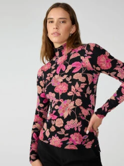 Slinky Mock Neck Tee Cranberry Bloom