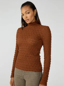 Lace Mock Neck Top Caramel Cafe