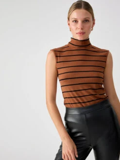 Essential Mock Neck Top 2.0 Caramel Cafe Black Stripe