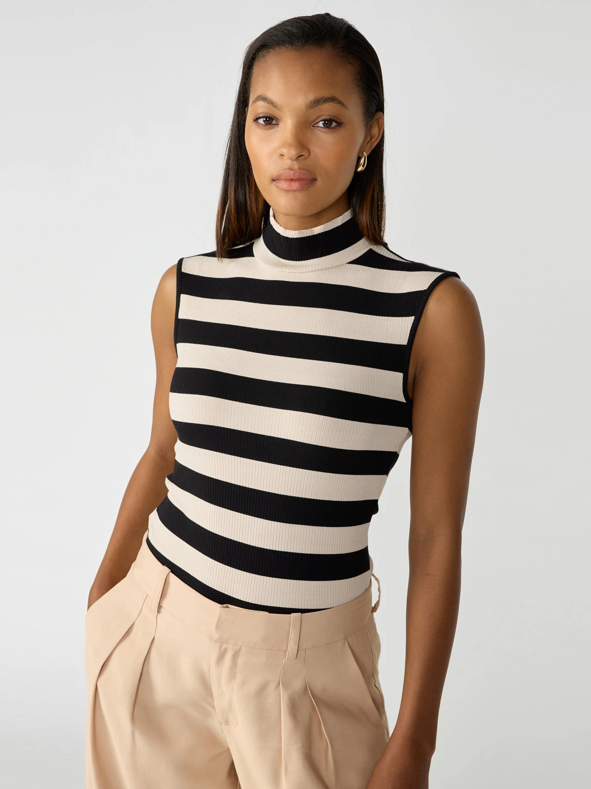 Essential Mock Neck Top 2.0 Toasted Marshmallow Black Stripe 1 Essential Mock Neck Top 2.0 Toasted Marshmallow Black Stripe