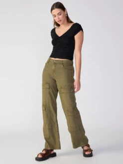 Low Slung Y2K Standard Rise Cargo Pant Mossy Green -Clothing Store WideLegPantShop 4326