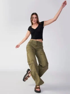 Low Slung Y2K Standard Rise Cargo Pant Mossy Green -Clothing Store WideLegPantShop 4366